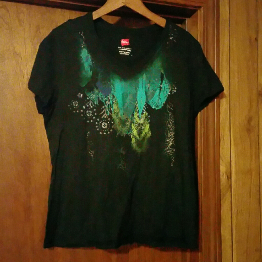 Hanes Black T-shirt with Turquoise Feathers